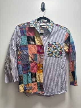 Vintage Patchwork Floral Stripe Long-Sleeve Shirt - Multicolor Whimsical Floral